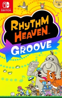 Official cover art for Rhythm Heaven Groove showing colorful characters, rhythmic gameplay elements, and the Nintendo Switch logo
