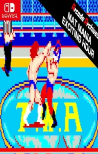 Arcade Archives MAT MANIA EXCITING HOUR features a pixelated wrestling champion mid-air with a dramatic red-and-white color palette, embodying the game's high-energy arcade aesthetic and nostalgic retro design.