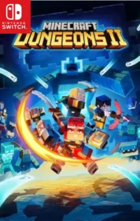 Minecraft Dungeons II Nintendo Switch cover art featuring a character wielding a glowing sword in a dark fantasy dungeon with glowing orbs and towering ruins