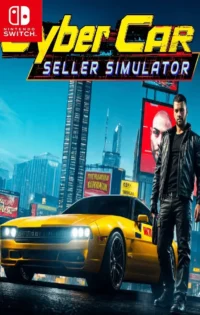 The official cover art for Cyber Car Seller Simulator showcases a sleek futuristic dealership with holographic car displays and glowing digital interfaces reflecting neon city lights