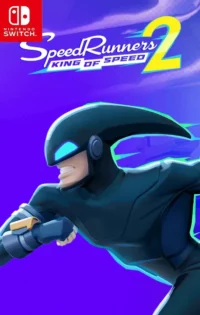 SpeedRunners 2 King of Speed showcases a dynamic race scene with four characters in mid-air, grappling hooks extended, and a shrinking fire ring consuming trailing runners in a retrofuturistic cityscape backdrop, emphasizing the competitive platforming ac