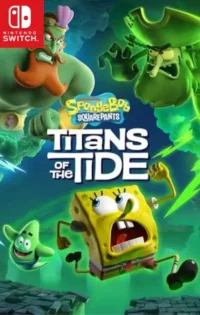 The official cover art for SpongeBob SquarePants: Titans of the Tide showcasing SpongeBob and Patrick in dynamic poses against a glowing underwater backdrop featuring ghostly apparitions and the Flying Dutchman’s ship looming in the distance, emphasizin