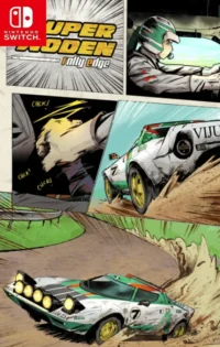 Super Woden Rally Edge features a vibrant cover art showcasing a customizable rally car speeding through a mountainous terrain with neon-lit rally flags and a stylized sky filled with dramatic clouds, emphasizing the game’s high-energy racing aesthetic