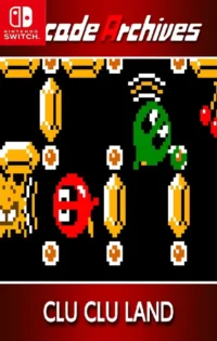 Arcade Archives CLU CLU LAND features Gloopy navigating a vibrant, neon-lit arcade stage with glowing turn posts and scattered gold ingots, showcasing the game's retro pixel art style and dynamic movement mechanics.