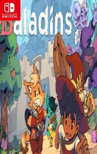 The official cover art for Baladins showcases a colorful ensemble of Baladin characters performing in a bustling fantasy marketplace under a vibrant sky.