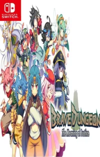 The official cover art for Brave Dungeon - The Meaning of Justice showcases three protagonists—Al, Klinsy, and Papelne—standing in a mystical fantasy landscape adorned with glowing runes and ancient architecture, emphasizing the game’s blend of expl