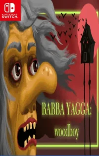 A pixel-art wooden protagonist stands in a dark forest under a blood-red moon, with a skeletal Baba Yaga lurking in the background, her hut visible on chicken legs in the distance