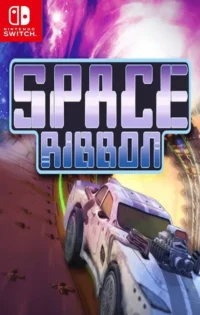 The official cover art for Space Ribbon Nintendo Switch features a futuristic racing scene with glowing space ribbons and retro-futuristic cars competing on a procedurally generated track against a backdrop of a decaying Earth, highlighting the game's cha